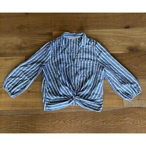 Haute Monde Blue & White Striped Front Knot Button Up Shirt Sz M Coastal Preppy